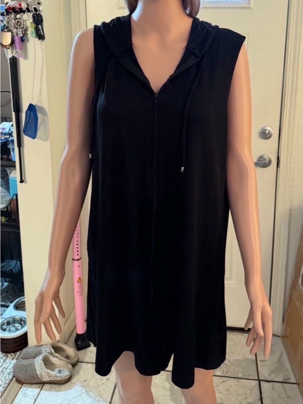 New Large Sleeveless Black Hooded Swim Cover-Up